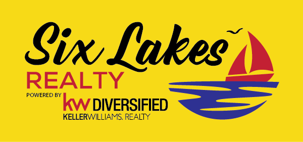 Logo for Six Lakes Realty, a Keller Williams Realty, with a sailboat over blue water on a yellow background.