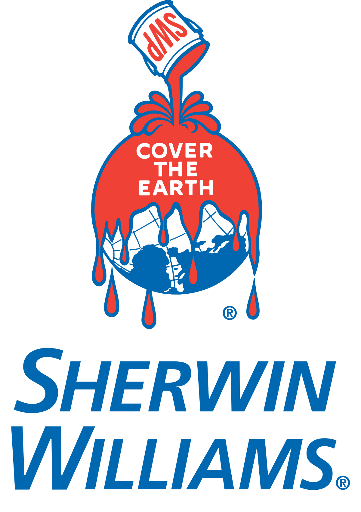 Sherwin-Williams logo with red paint can labeled “Cover the Earth” pouring paint over globe