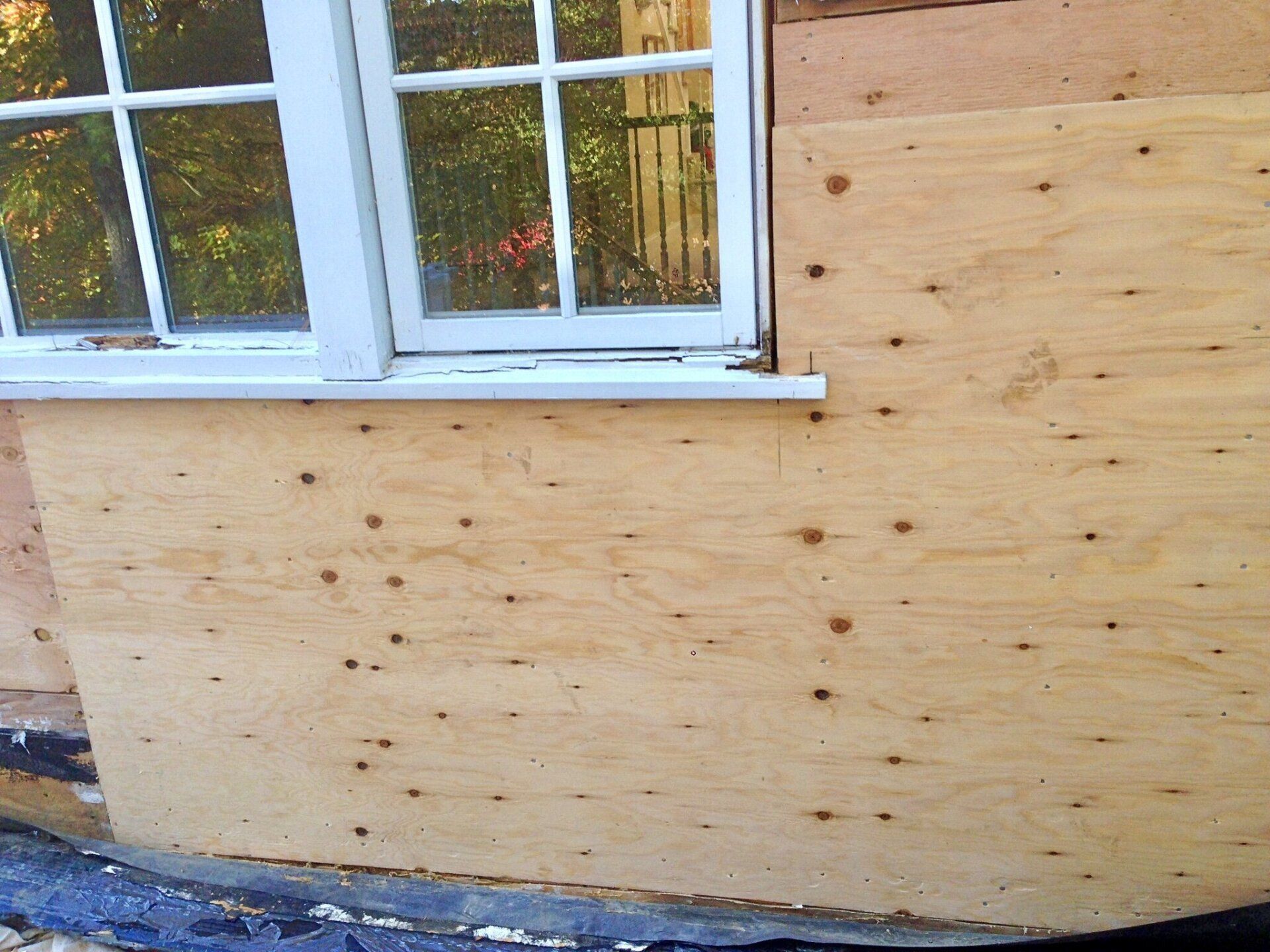 Plywood-covered exterior wall beneath a white-framed window with blue trim