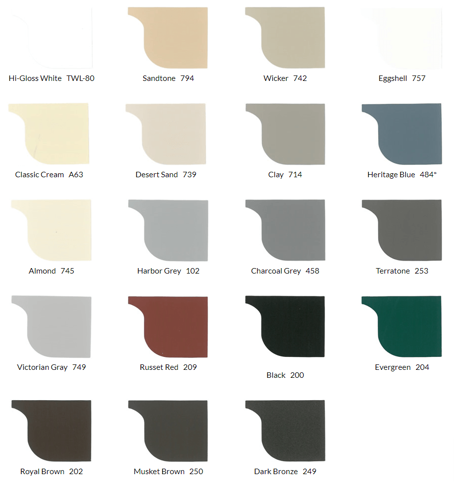 Color swatch chart with 12 muted neutral, tan, gray, brown, green, and black paint samples.