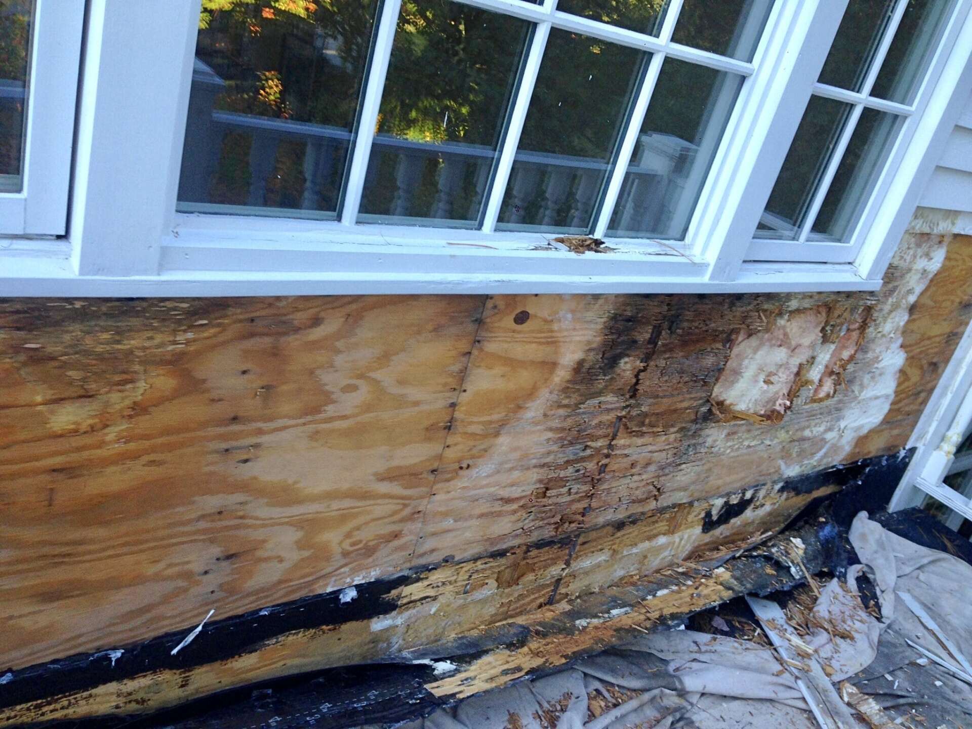 Damaged wooden house siding below a window, with peeling paint and exposed sheathing.