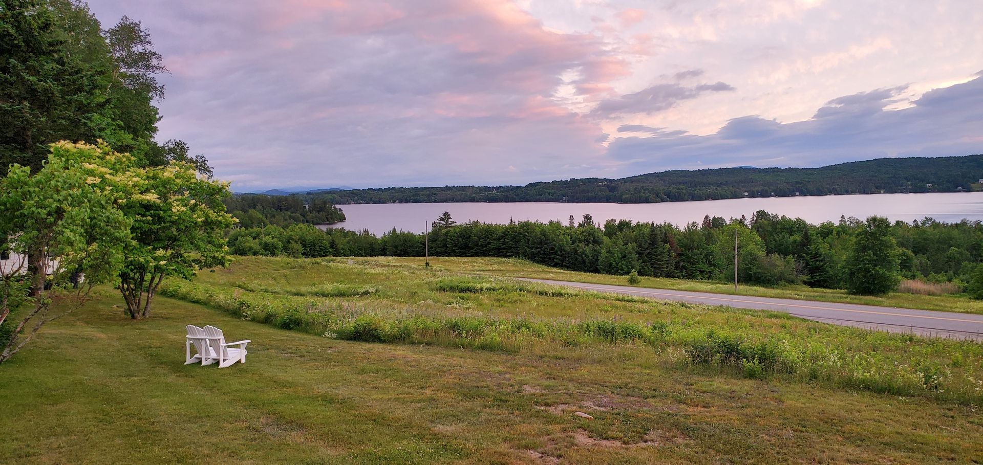 Lakeside view with green grass, trees, and a pink-hued sky at dusk.