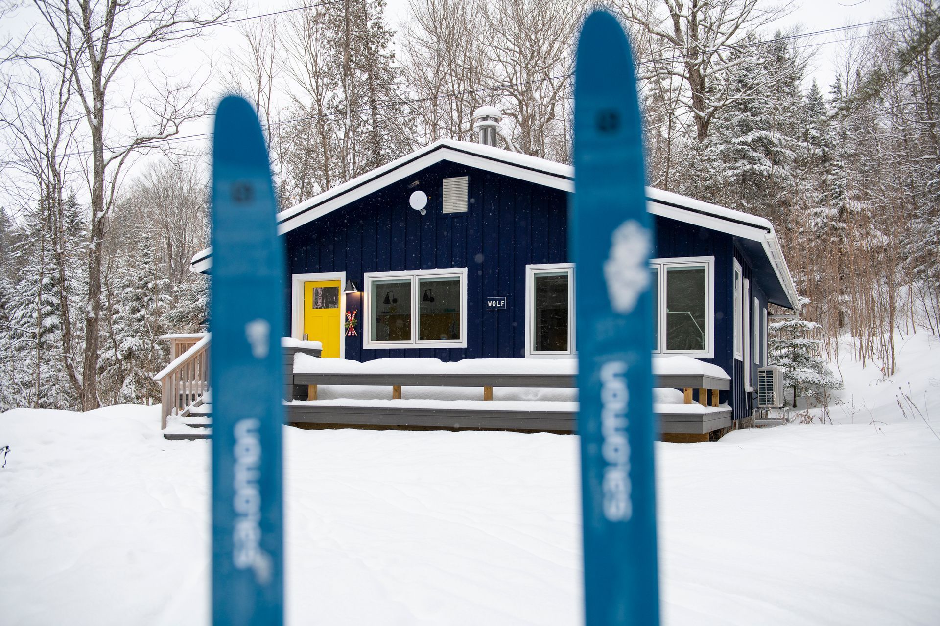 Blue skis in foreground; blue cabin with yellow door in snowy woods.