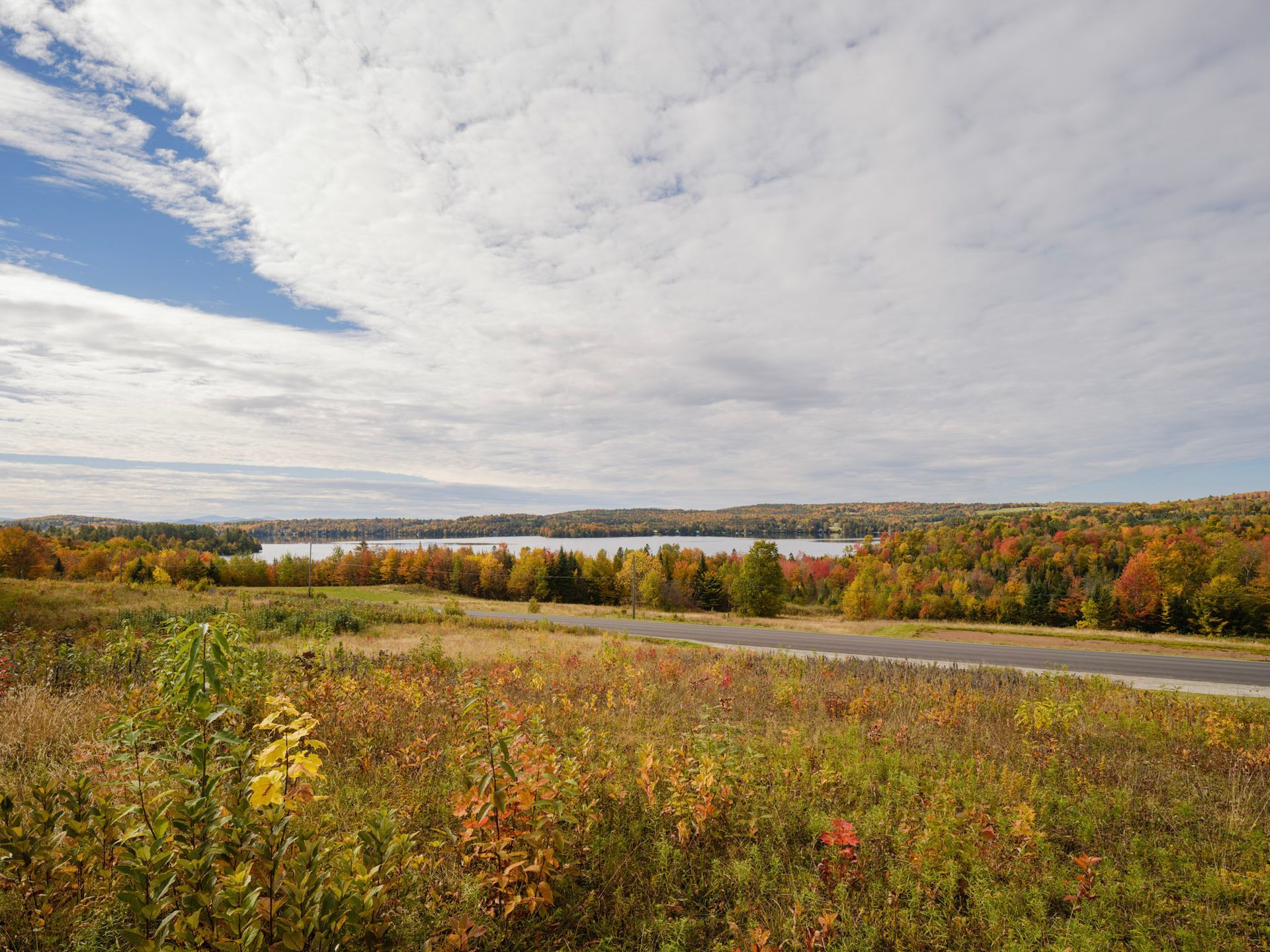 Grassy field with road, overlooking a lake surrounded by fall foliage, under a cloudy blue sky.