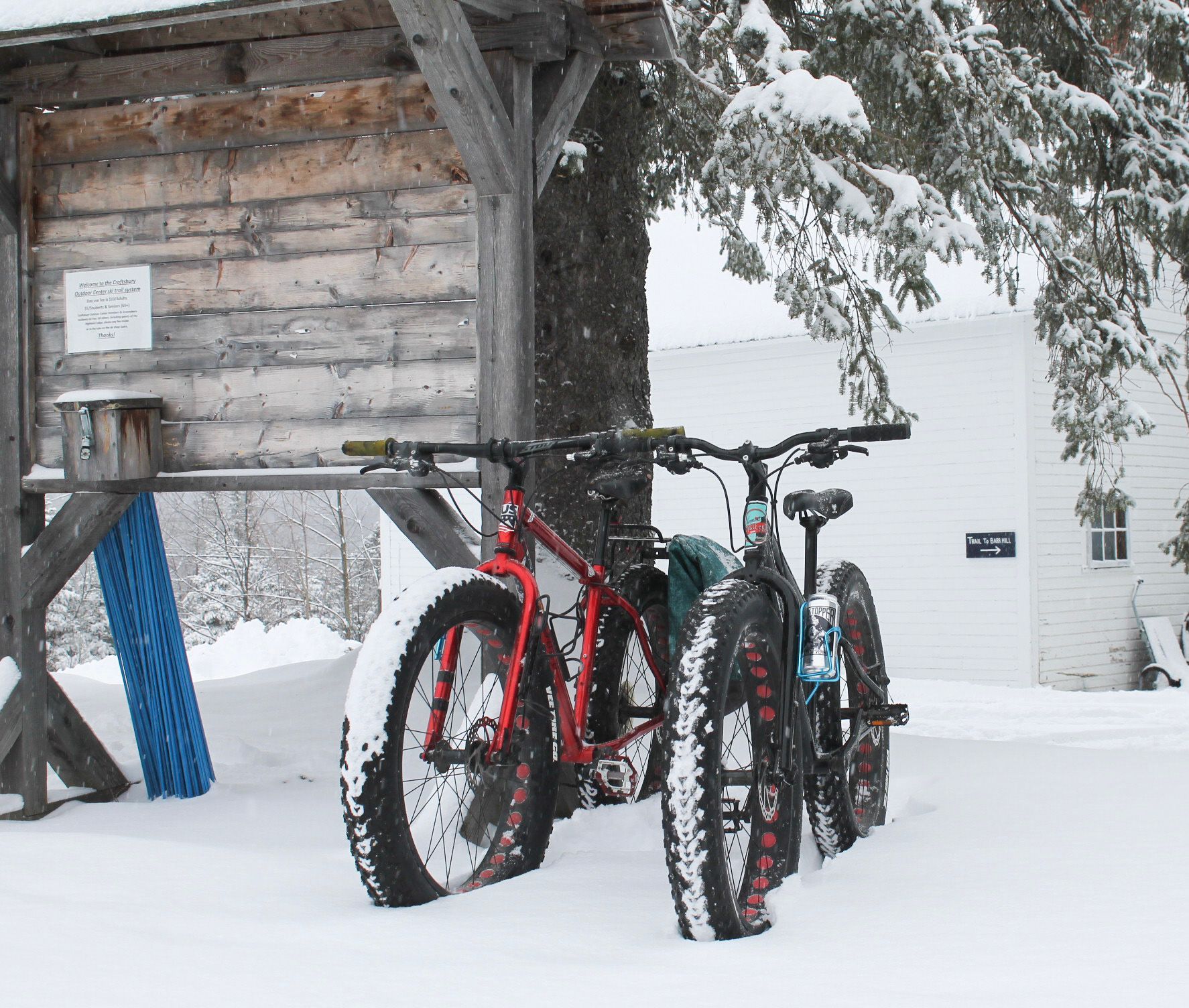 Two fat-tire bikes parked in snow, next to a wooden shelter. Red and black bikes, snowy surroundings.