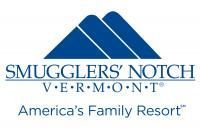 Logo for Smugglers' Notch resort in Vermont, featuring blue mountain shapes and text.