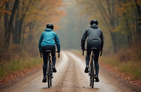 Two cyclists riding on a gravel road through a forest with autumn foliage.