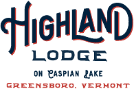 Highland Lodge logo on Caspian Lake in Greensboro, Vermont; navy text with red accents on a white background.