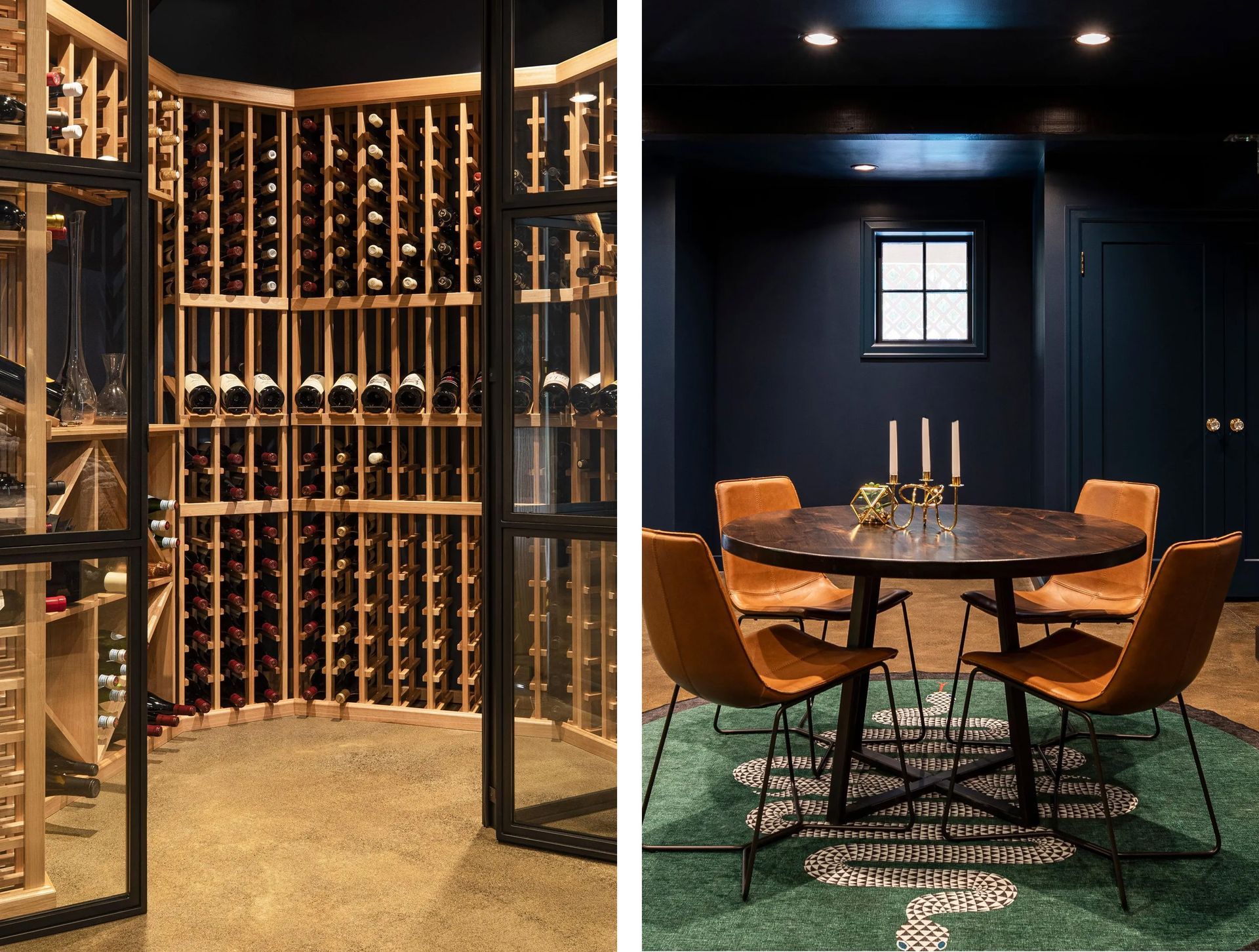 The same dark envelope creates two distinct experiences: warm wood and focused lighting make the glass-enclosed wine room glow, while the game area uses deep color to create an intimate setting for gathering.