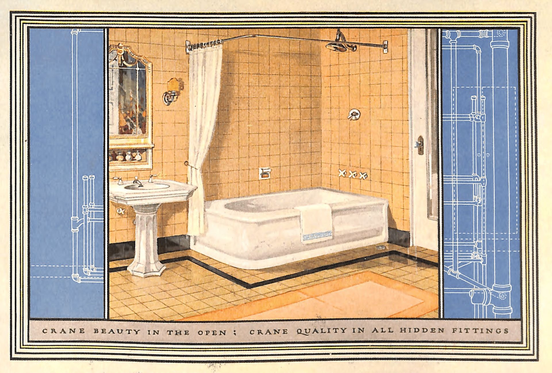 A Crane Plumbing Company advertisement from 1923 shows a typical bathroom layout with pedestal sink. 