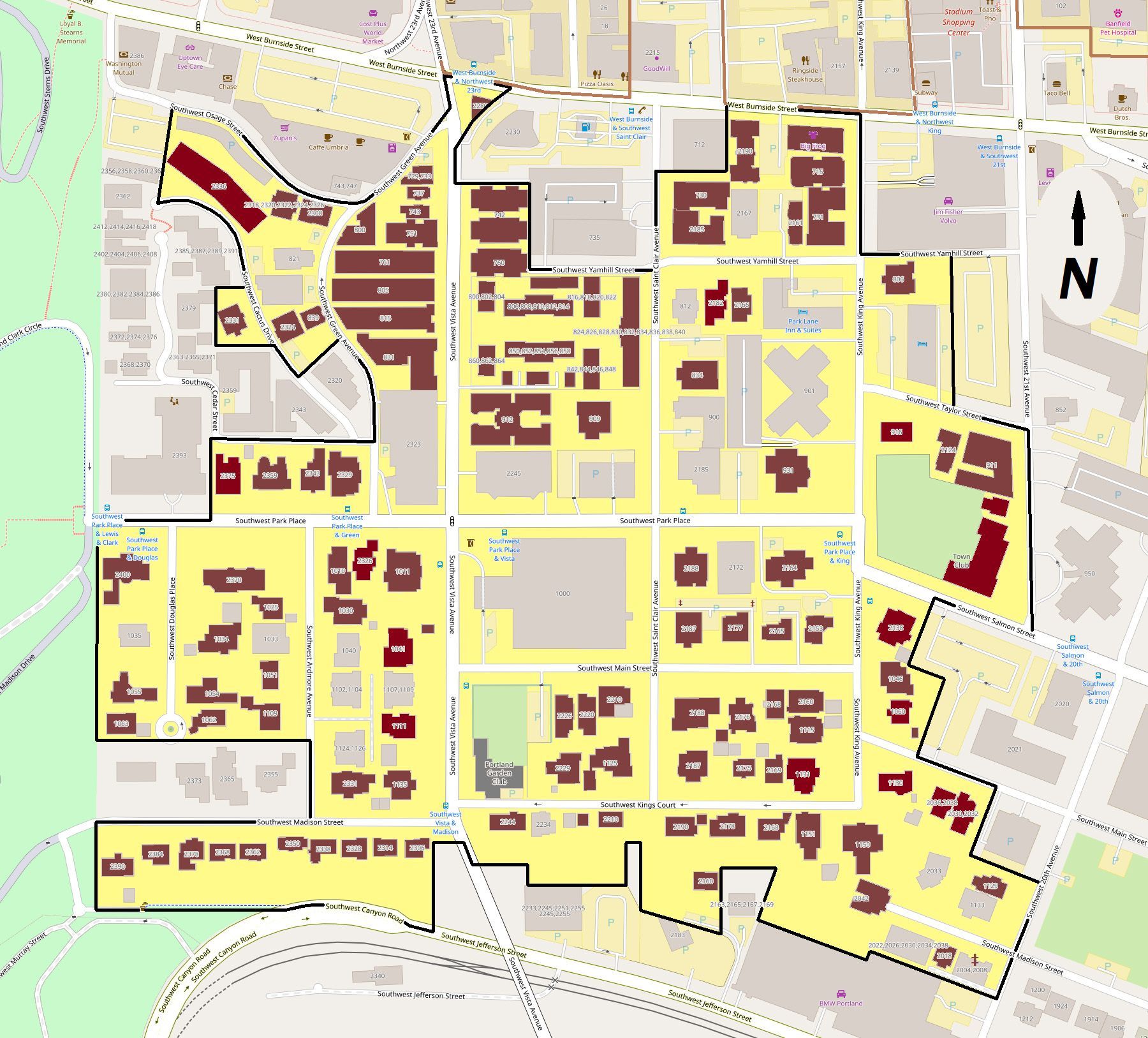 A map of the King's Hill neighborhood shows its prime location between the bustle of downtown and the tranquility of Washington Park. 