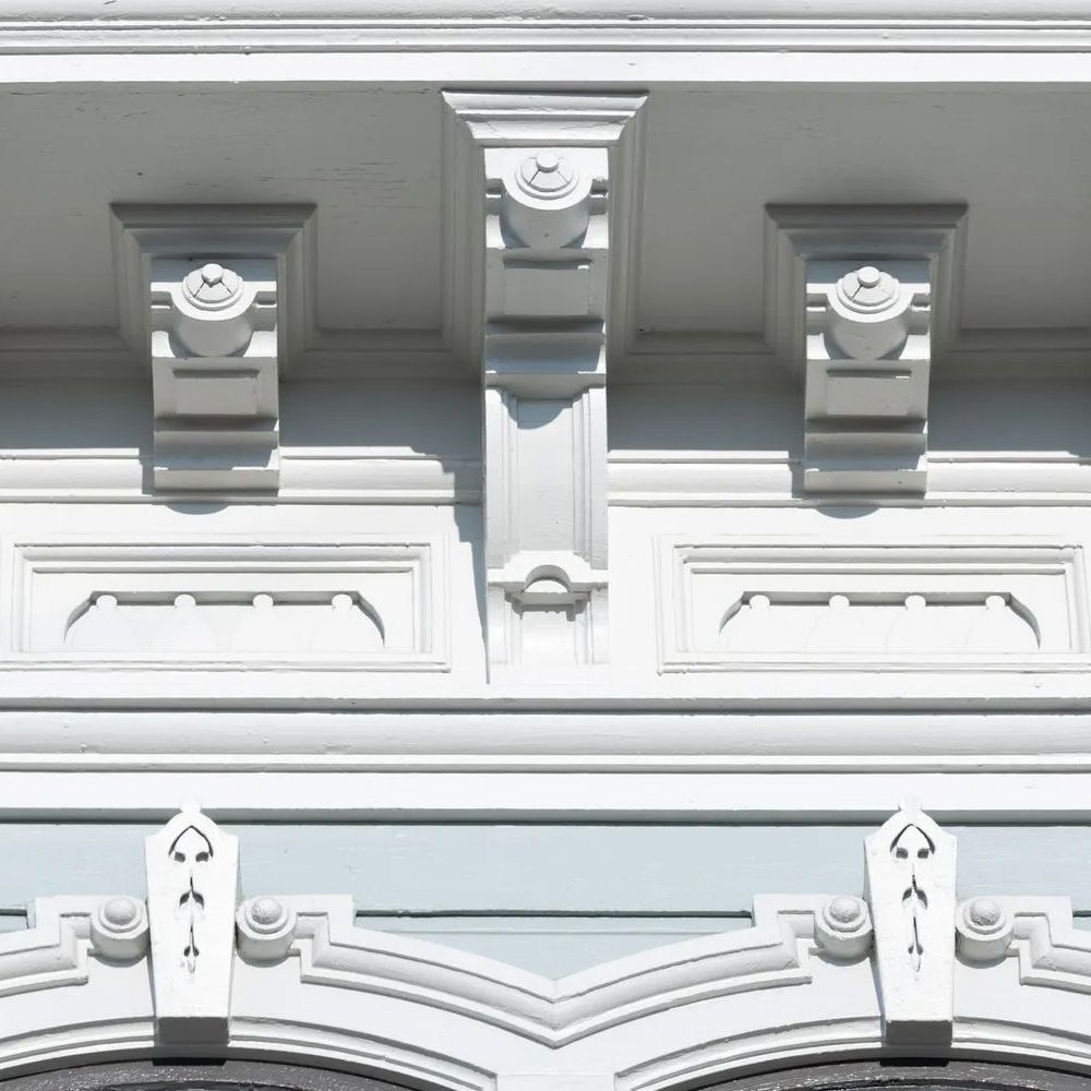 The elaborate cornice details on the Morris-Marks House were among the essential elements to be preserved when the house was moved and repurposed as offices. 