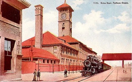 An old postcard of a train station in portland oregon