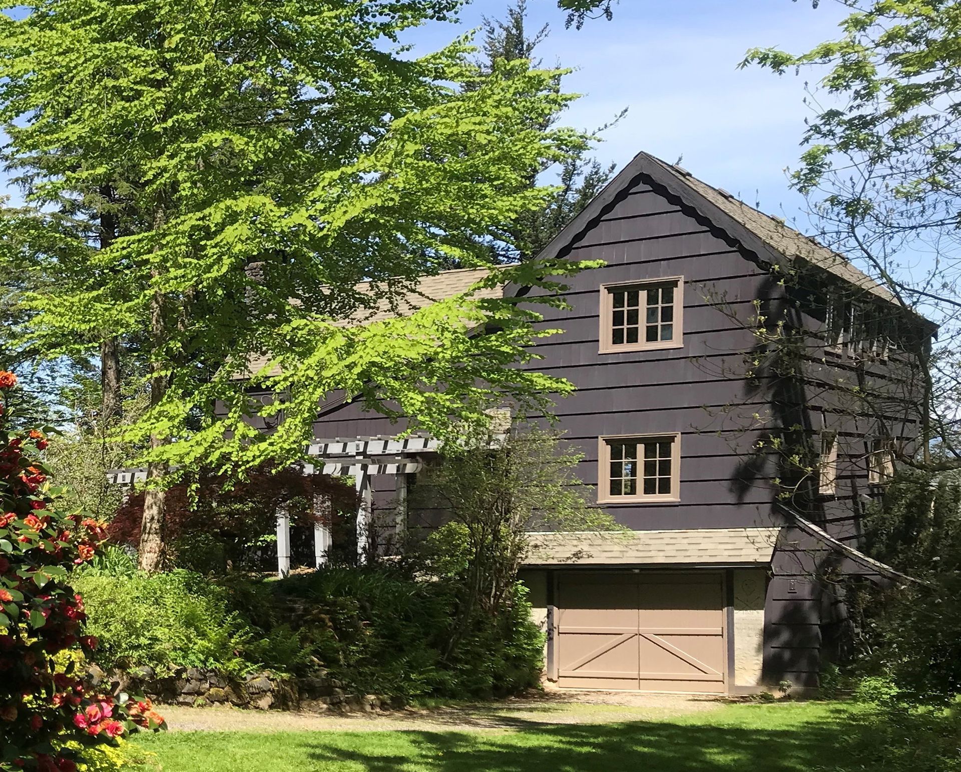 Exterior of the 1932 eclectic Tudor - The Edward Dimmit House - in the Columbia River Gorge.