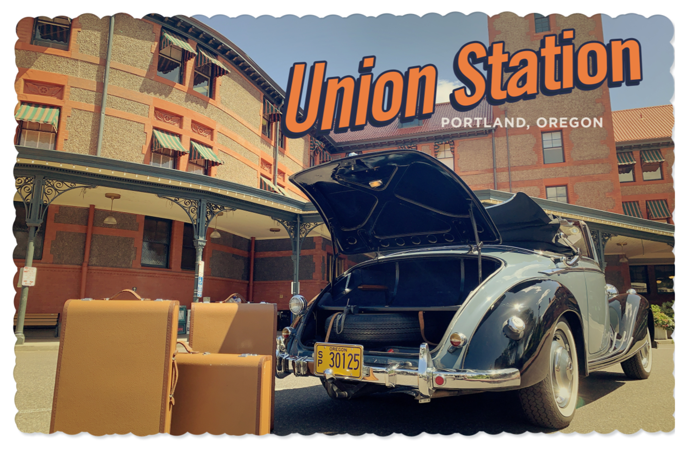 An old car is parked at the union station in portland oregon