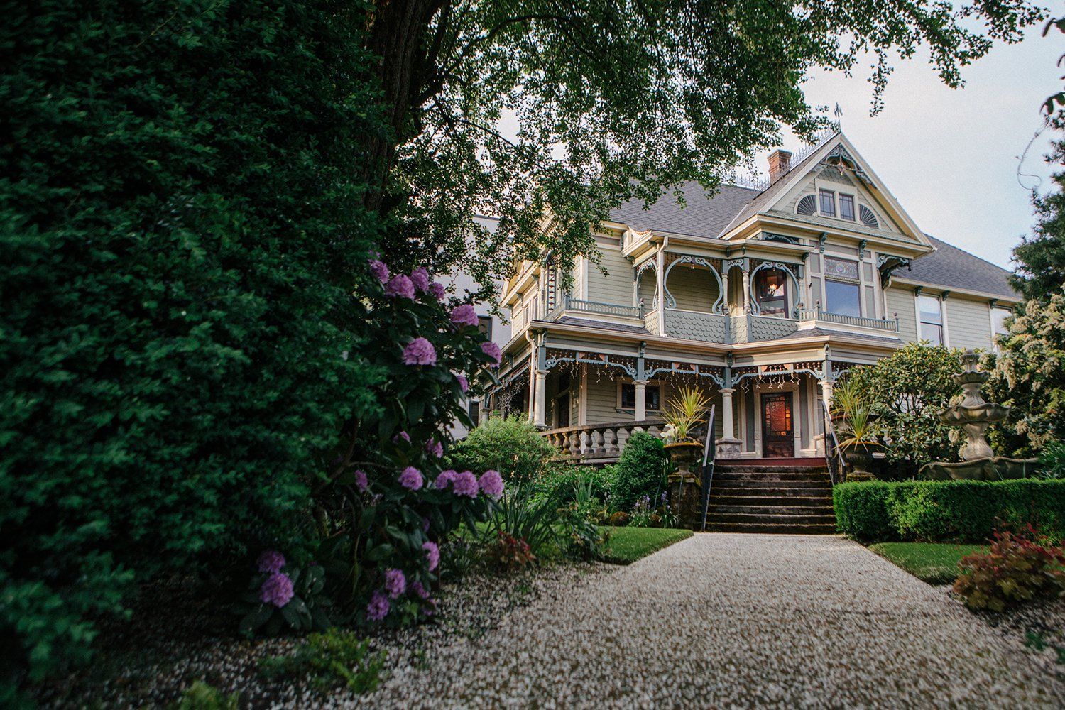A large house with a gravel driveway leading to it is surrounded by trees and bushes.