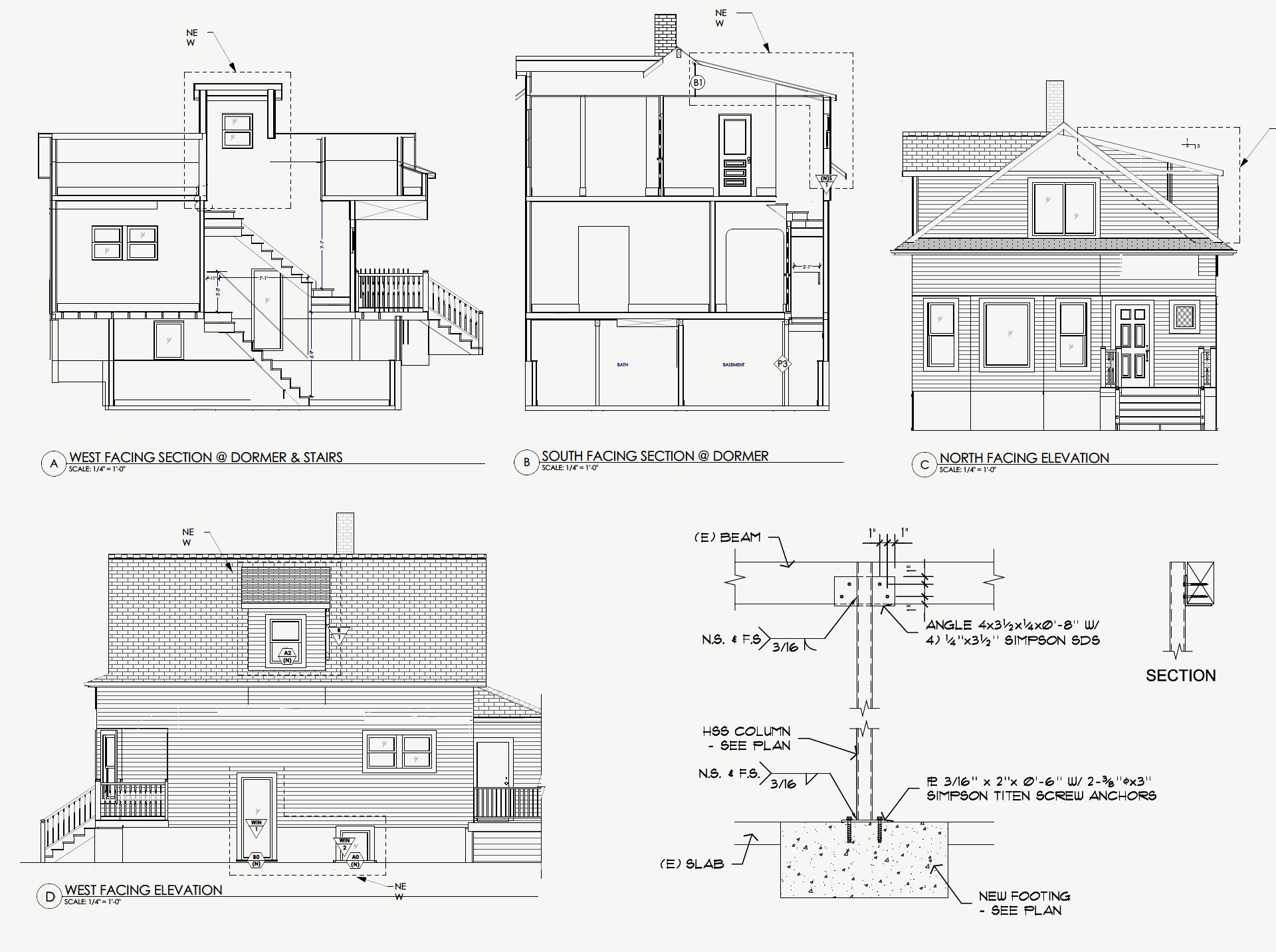 When adding a dormer to an attic consideration must be given to how the new structural weight load transfers all the way down to the foundation. To build the simple dormer on this late Victorian cottage, Arciform had to add new footings in the basement to support the new structure.