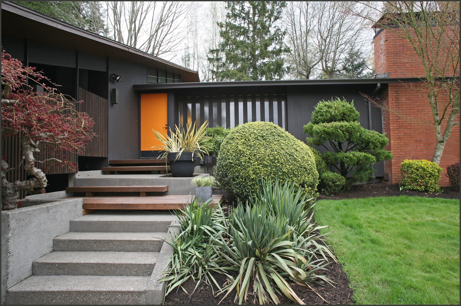 Modern house entrance with concrete steps, orange front door, and landscaped garden