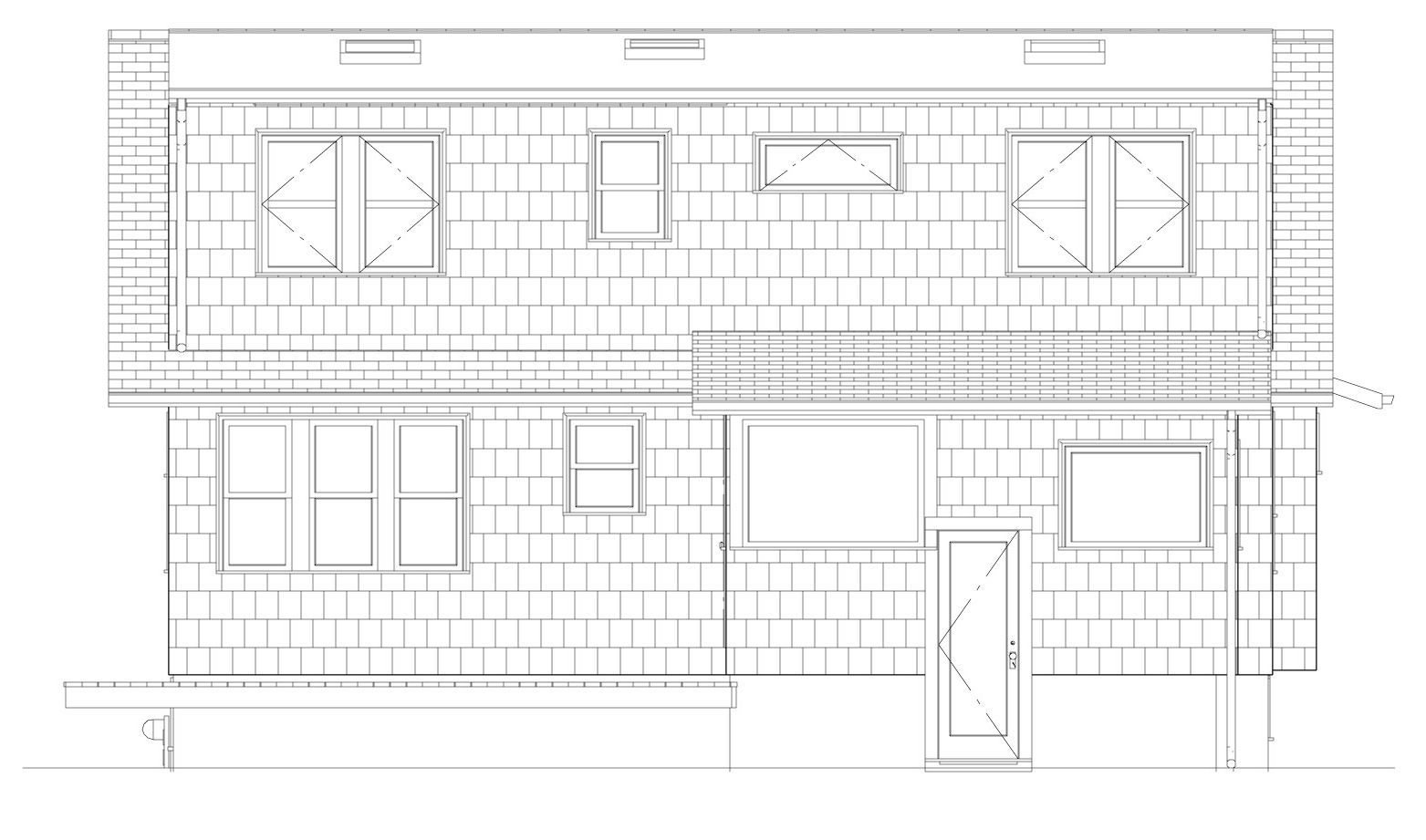 Architectural elevation drawing of a two-story house with windows, siding, and front door.