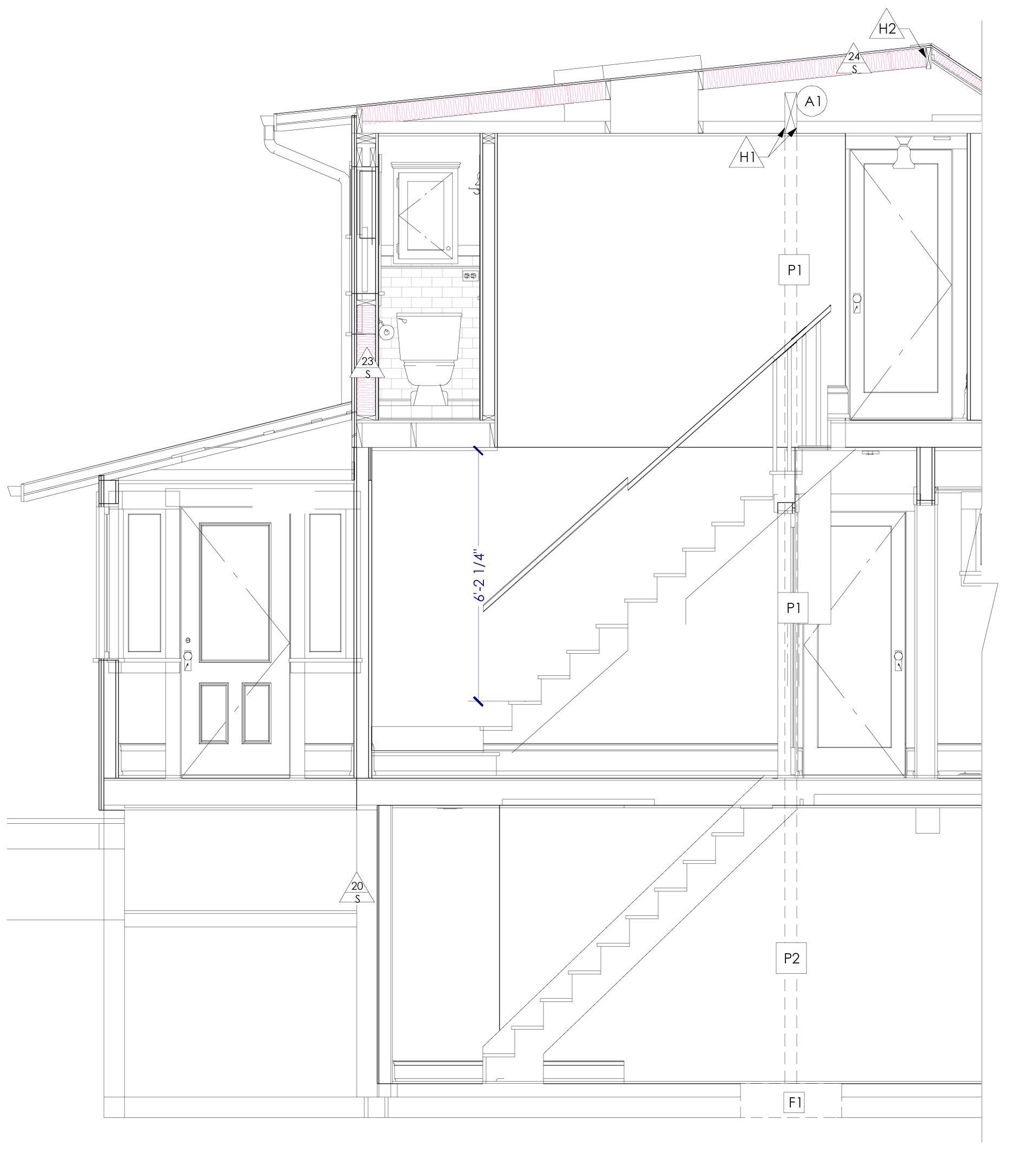 Architectural section drawing of a building interior with stairs, doors, and structural lines