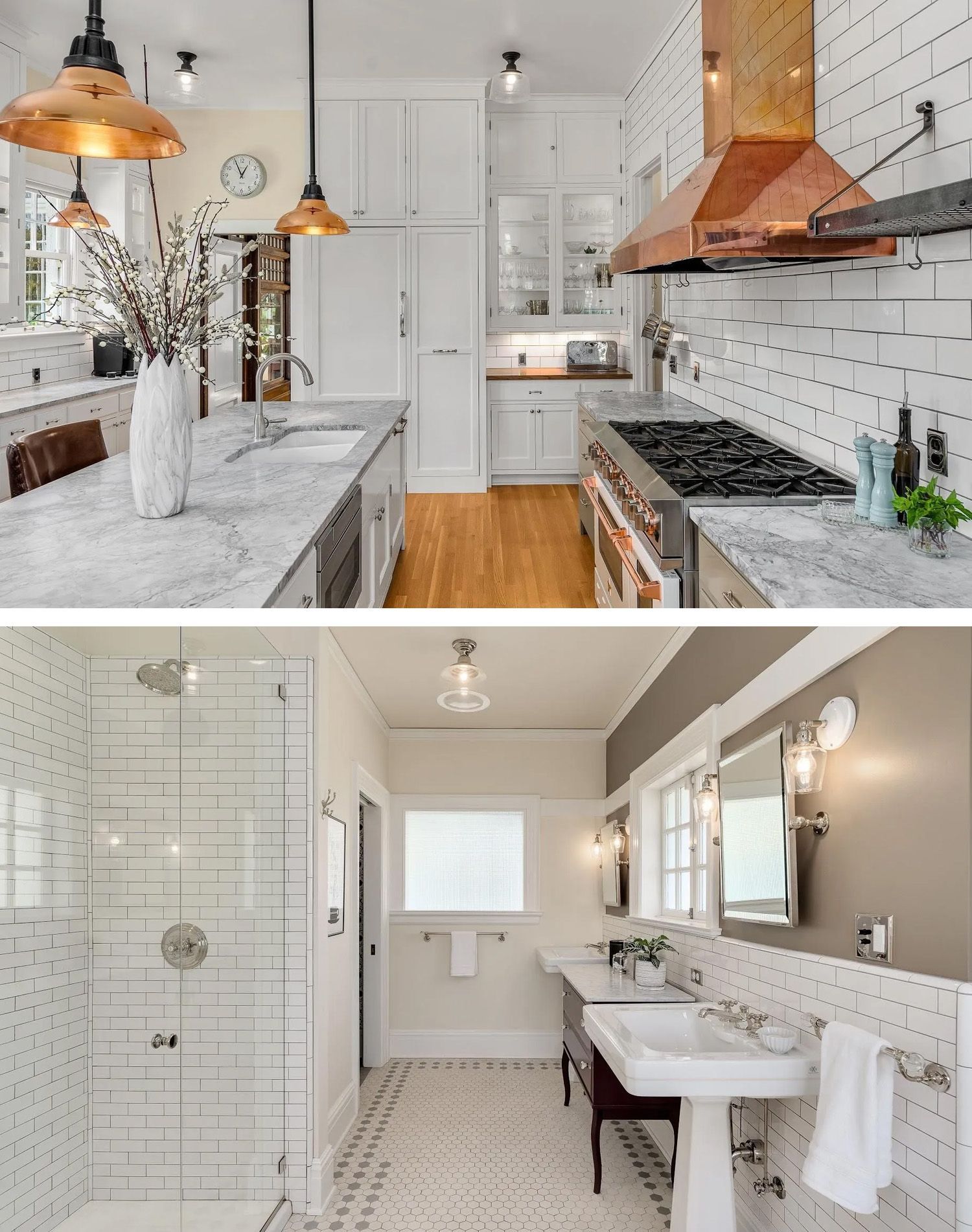 The kitchen and bathrooms in this 1916 Irvington home were remodeled several years apart, yet remain compatible in style with each other, and with the architectural character of the home. 