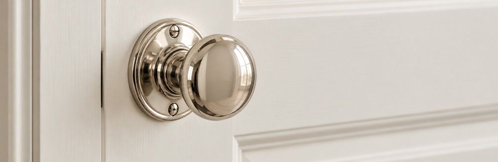 polished nickel door knob set on white door. 