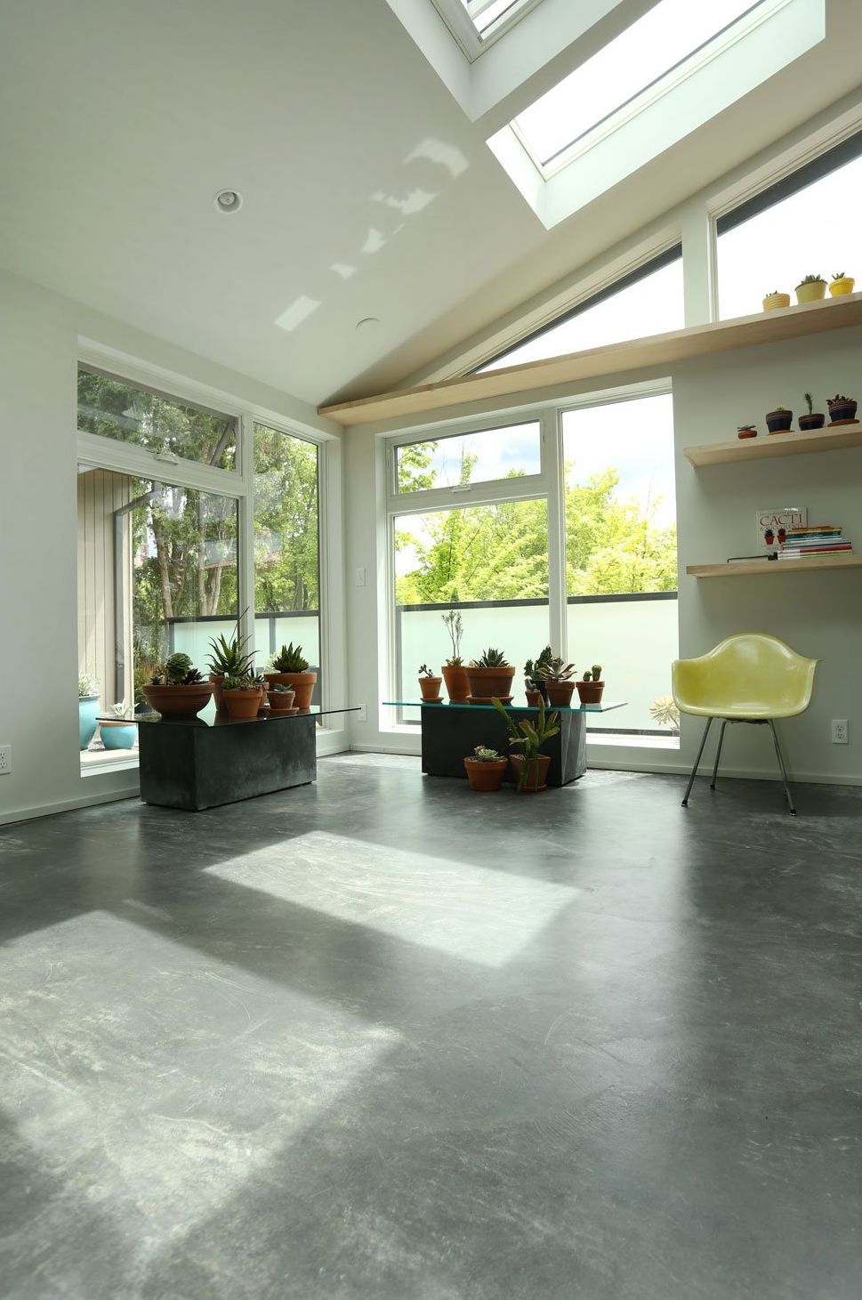 Inside the new addition, looking at the various doors, windows and skylights in the white studio/work area