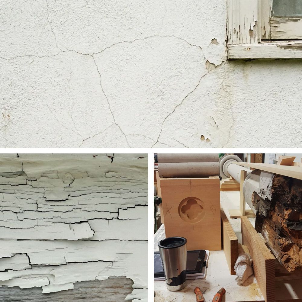 Water damage can show in many ways, from cracked stucco, to flaking paint, to rotting porch posts.  In most cases all these ills can be remedied with careful restoration techniques.
