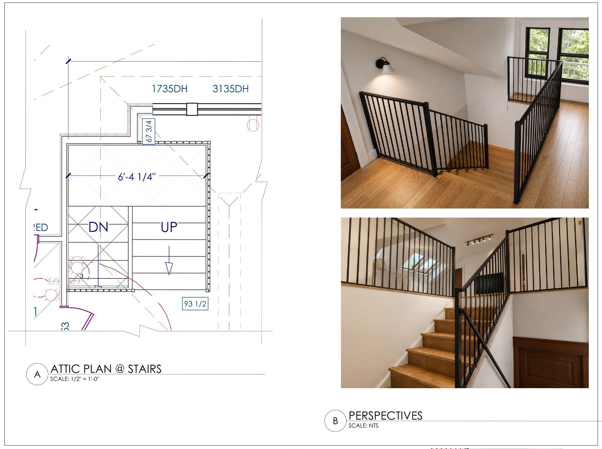 When remodeling the third floor of this Irvington Historic District home, Arciform updated the shaky, non-code railing with a sleek, sturdy, and safe modern iron design. 
