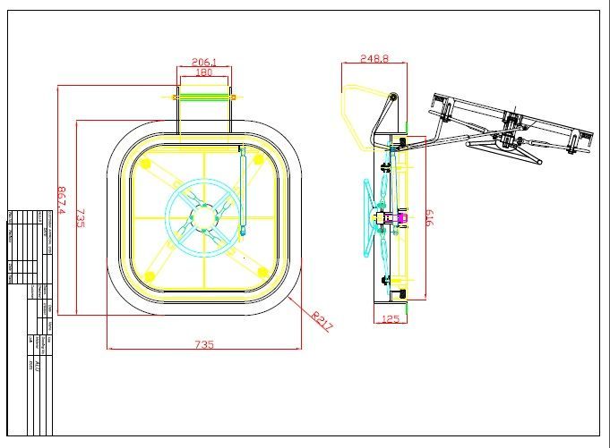 Technical drawing of a square sink with faucet and side view, annotated with measurements.