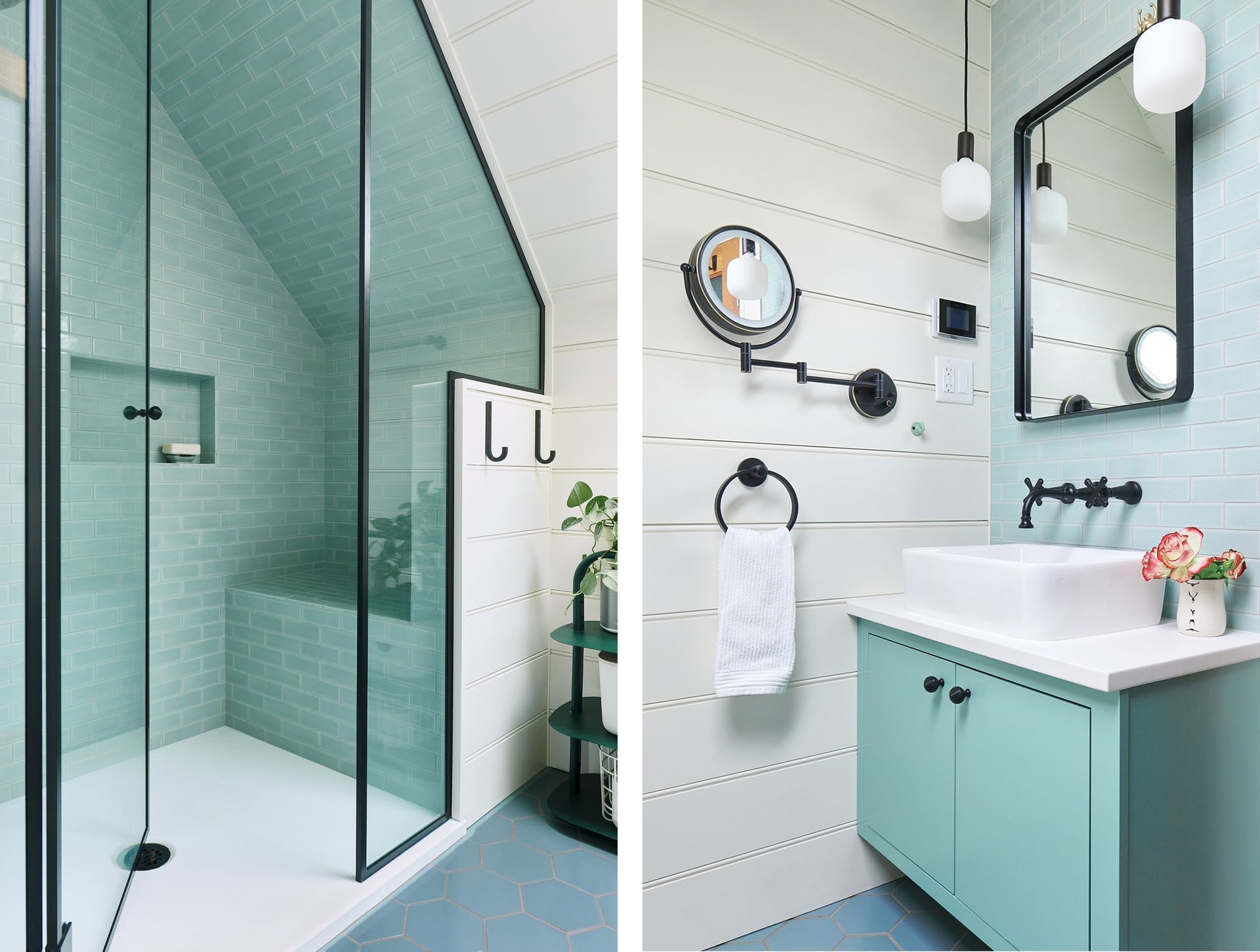 Arciform inserted a new bathroom into a tight space under the eaves.  By adding a skylight and choosing soothing colors and simple finishes, the  space feels larger and brighter than you would expect. 
