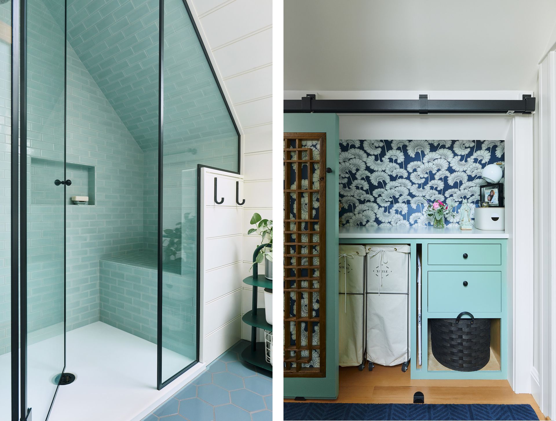 Steeply sloping ceilings create challenges and opportunities when converting an attic. In this 1909 Sellwood bungalow Arciform tucked a shower bench into the new bathroom and a laundry area behind sliding doors in the hallway. 