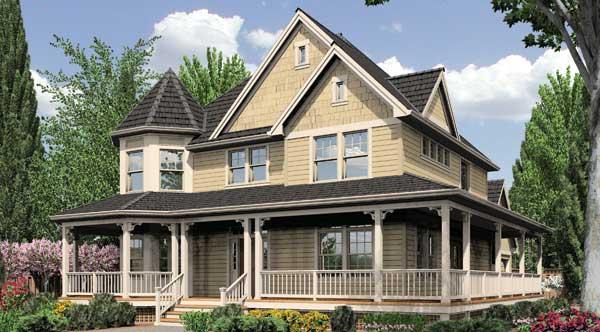 A large house with a large porch is surrounded by trees and bushes