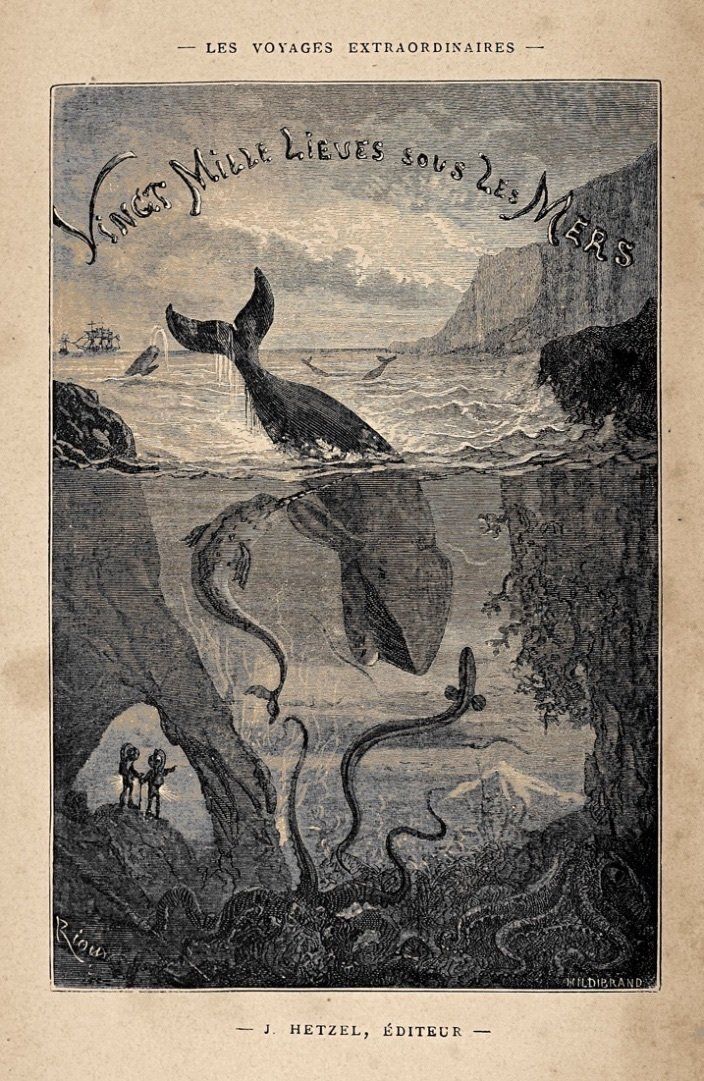 A black and white drawing of a whale swimming in the ocean.