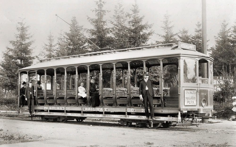In the early 20th century open-air streetcars connected then-suburban Irvington with downtown Portland. 