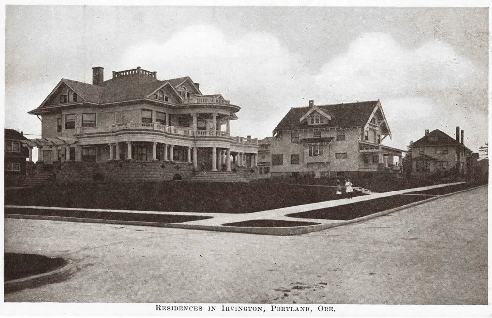 An early photograph captures some of the many fine homes (sadly these two now lost) that make up the Irvington neighborhood. 