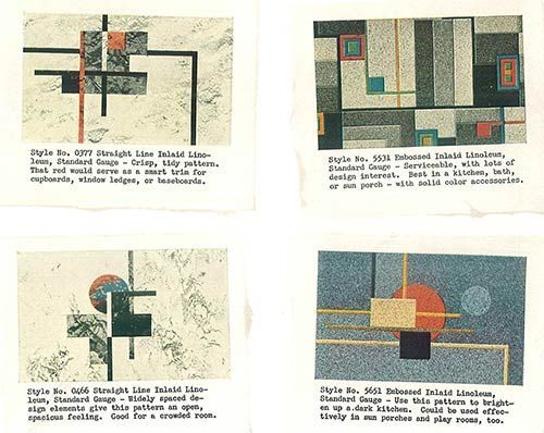 Collage of four abstract geometric artworks in muted colors, each with caption text beneath.