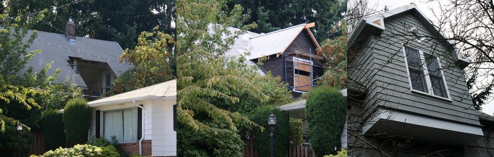 Three views of a house with steep roofs, white trim, and dense green trees around it