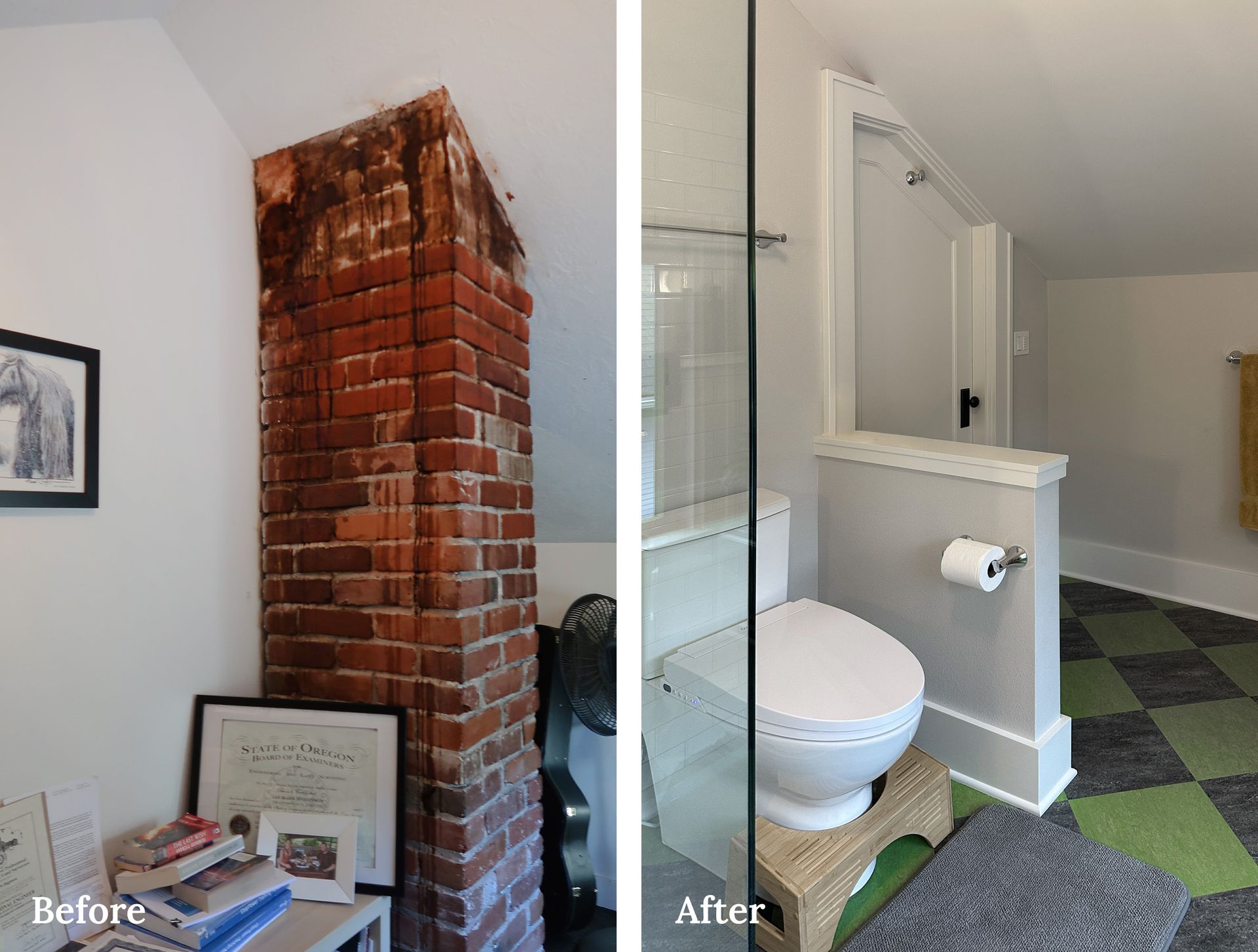 In most attics the chimney servicing the basement furnace is an obstacle to creating a functional layout.  In this Portland bungalow, the chimney was removed, creating an ideal space for the new toilet. 