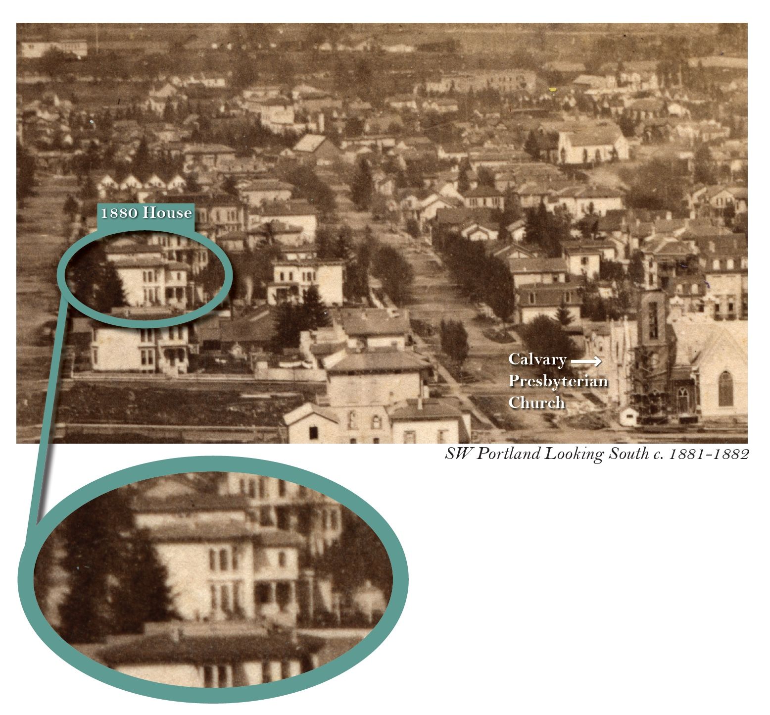 Sepia aerial cityscape with a circled building highlighted in two zoomed-in insets