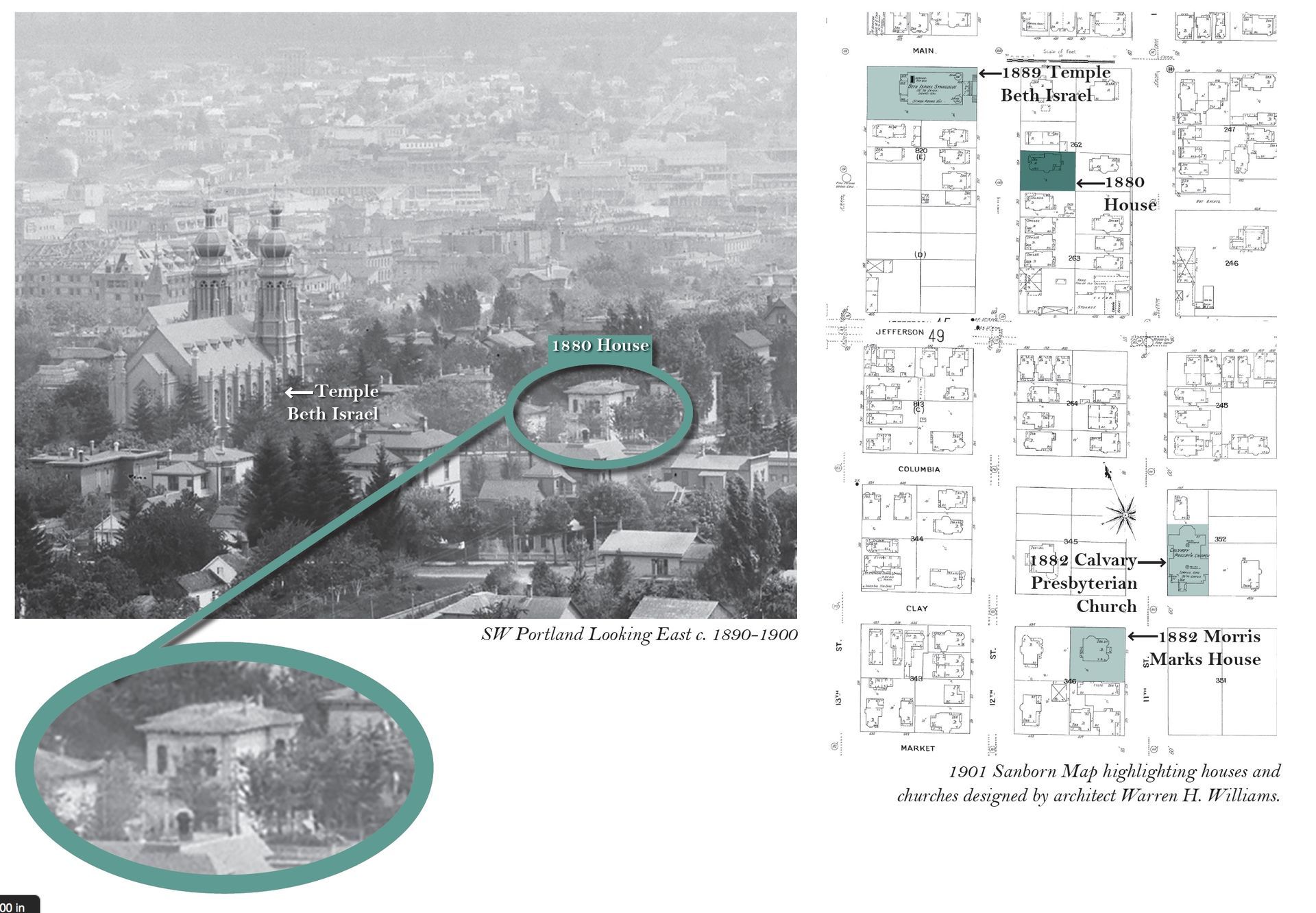 Annotated grayscale cityscape with green circles highlighting a building and a smaller inset map/diagram panel
