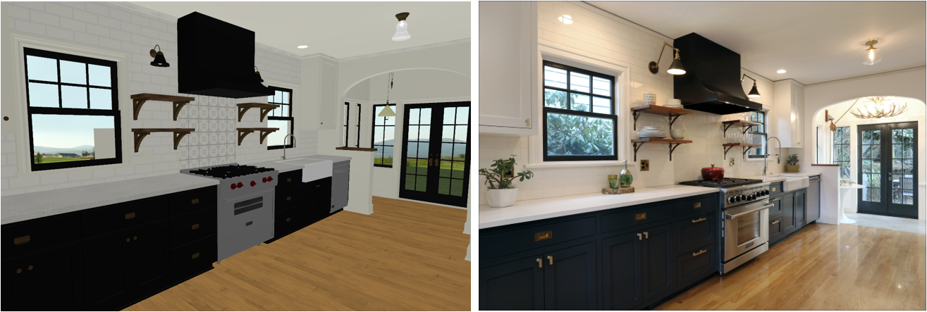 Modern kitchen with dark cabinets, white walls, wood floor, and black windows and appliances
