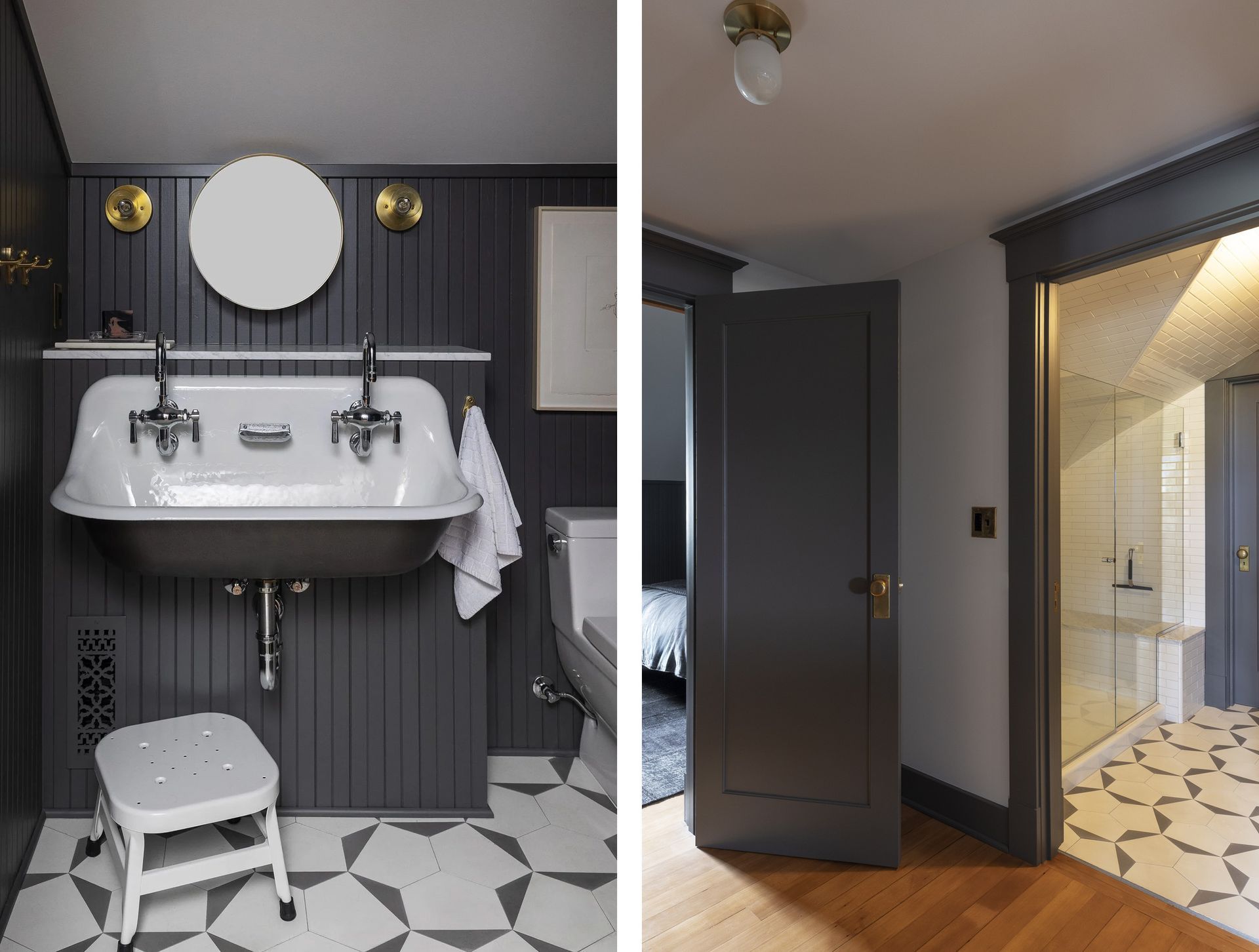 When designing a new bathroom for an attic with many ceiling angles, a creative approach is often needed.  In this case the toilet and sink were tucked into one space under the sloped ceiling while the shower and another sink occupy the room across the hall. 