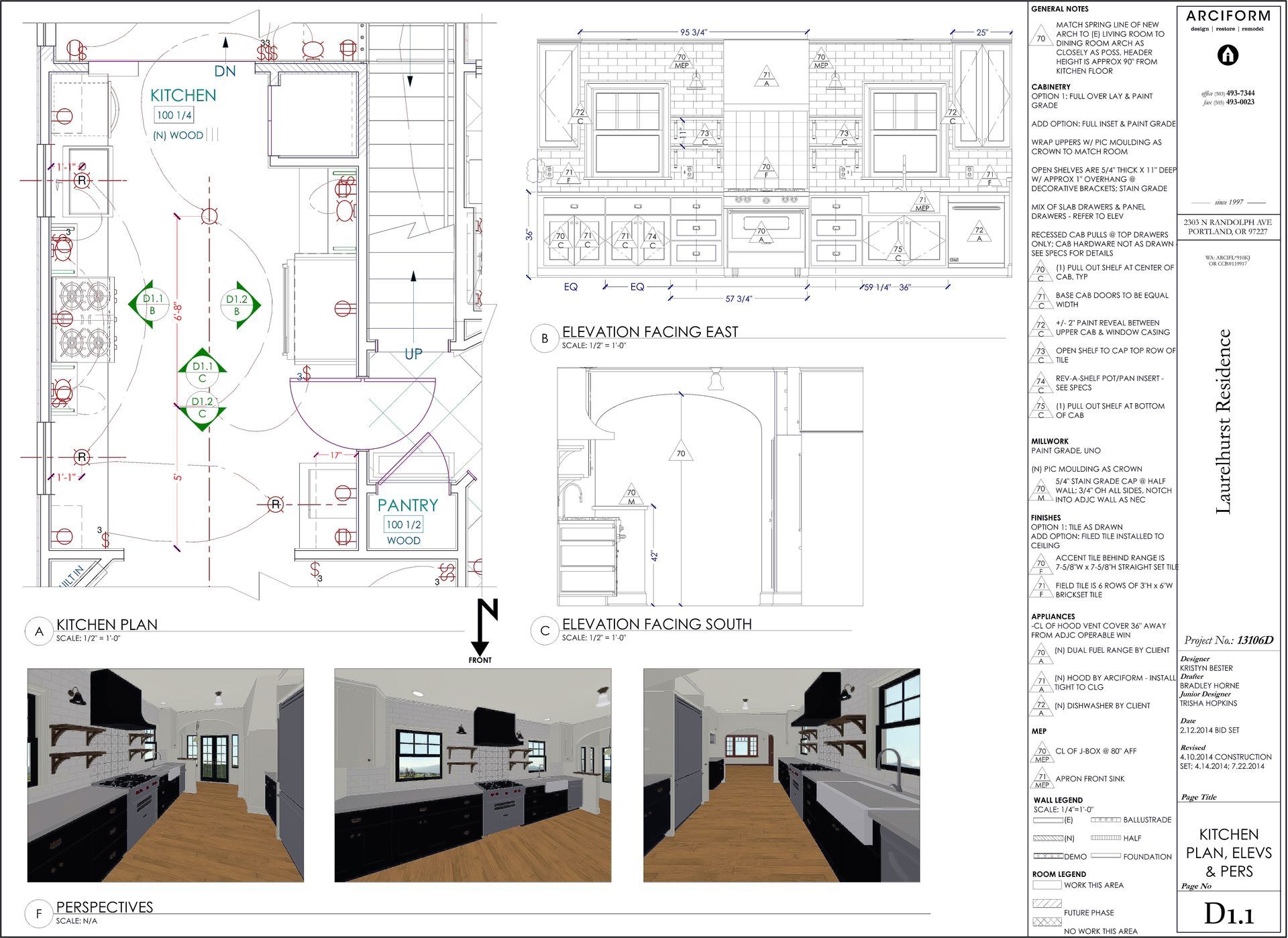 Architectural floor plan with room layouts, dimensions, notes, and three small 3D interior renderings.