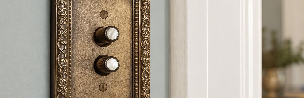 Decorative brass switch plate with push button switches. 