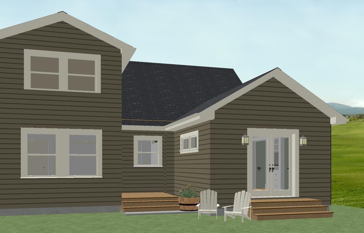 Exterior of a gray house with white trim, deck steps, and a patio with white chairs and a small table