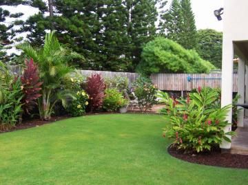 Lush green backyard lawn with tropical plants, shrubs, and a white patio column