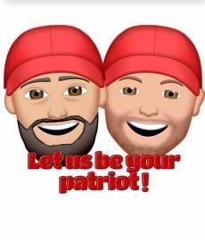 Two smiling red-capped cartoon faces above the text “Let us be your patriot!”