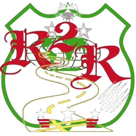 Green shield logo with red stylized letters, stars, and a winding path to a flag-lined hilltop