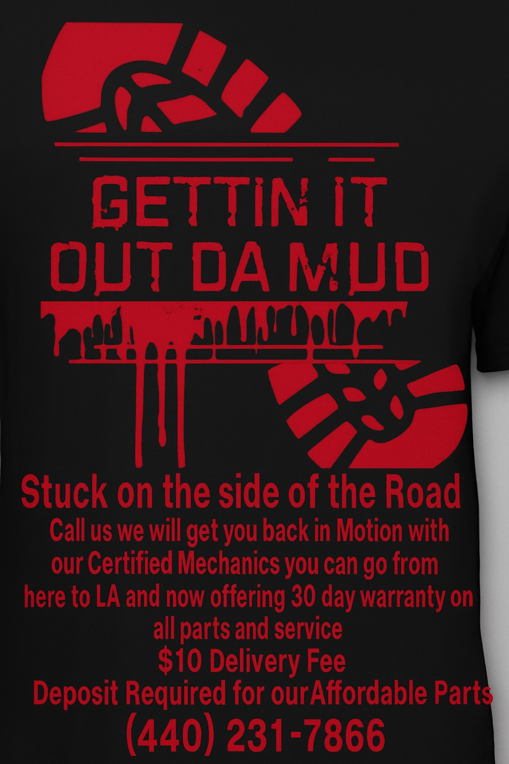 Black poster with red mud-splatter logo and text advertising roadside truck and car recovery services